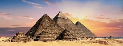 pyramids, egypt, egyptian, ancient, desert, giza, historical, architecture, sand, dunes, sand dunes, barren, barren landscape, landmark, nature, sunset, panorama, panoramic