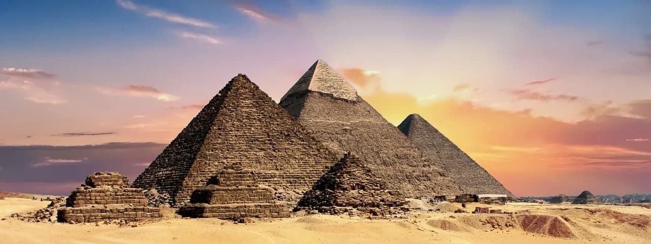 pyramids, egypt, egyptian, ancient, desert, giza, historical, architecture, sand, dunes, sand dunes, barren, barren landscape, landmark, nature, sunset, panorama, panoramic